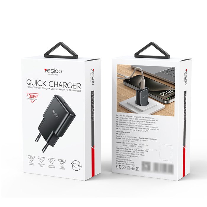 Yesido YC74 Type-C Port PD30W Fast Charging Multiple Protections GaN European Ultra-thin Charger
