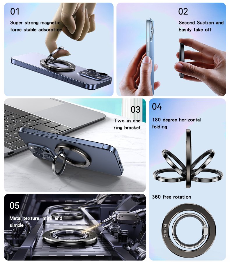 Yesido C205 360 Free Rotation Built-in N52 Magnets Double Ring Metal Folding Ring Phone Holder