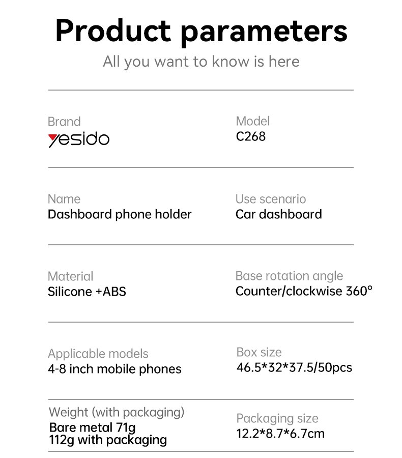 Yesido C268 360 Rotating Silicone Anti-slip Adsorption Automatic And Stable Clamping Dashboard Phone Holder