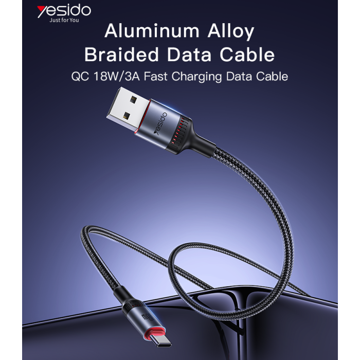 Yesido CA130C 2M USB To Type-C 18W Fast Chagrging Built-in Smart Chip Aluminum Alloy Braided Data Cable