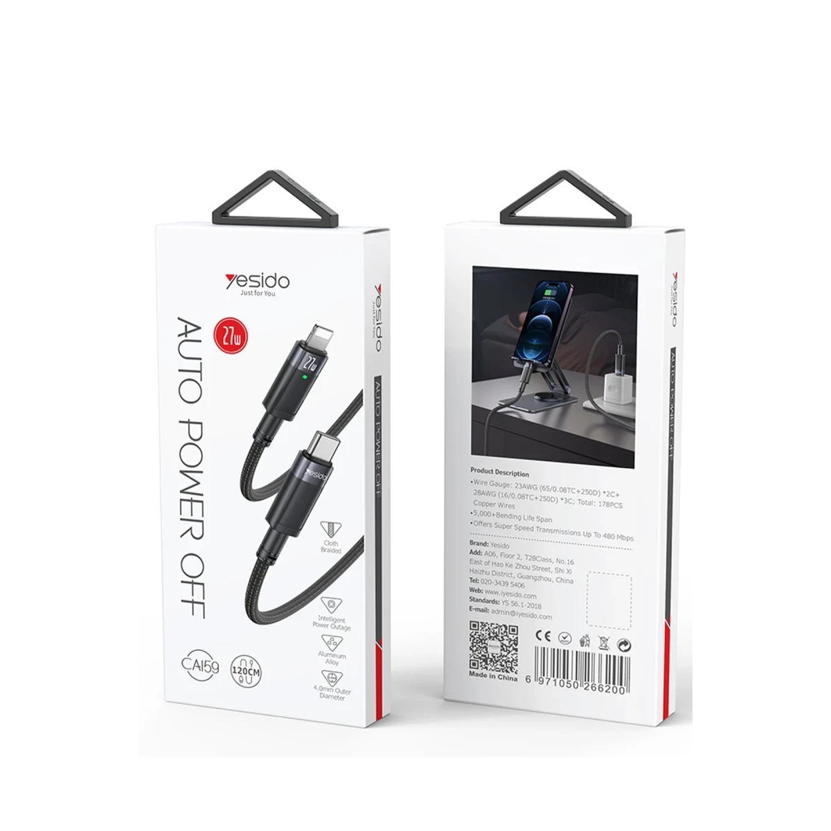 Yesido CA159 27W C to L Auto disconnecting charging data cable 1.2M