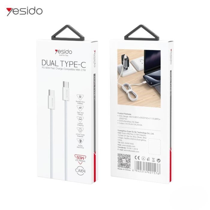 Yesido CA164 2 Meters 60W Fast Charging Cloth Braided Design TC to TC Data Cable For IP
