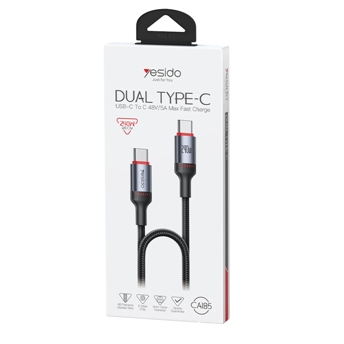 Yesido CA185 240W Ultra-Fast Type-C to Type-C Cable 1.2M - PD 3.1 Fast Charging & 480Mbps Data Transfer Cord