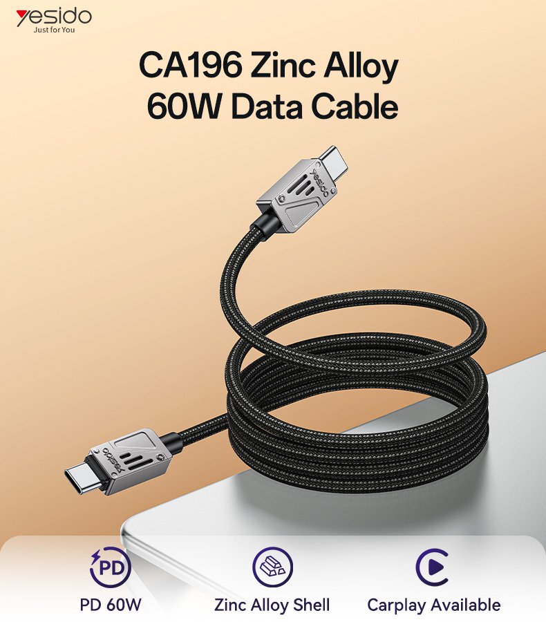 Yesido CA196 1.2M PD 60W Type-C To Type-C Fast Charging CarPlay Is Applicable Zinc Alloy Data Cable