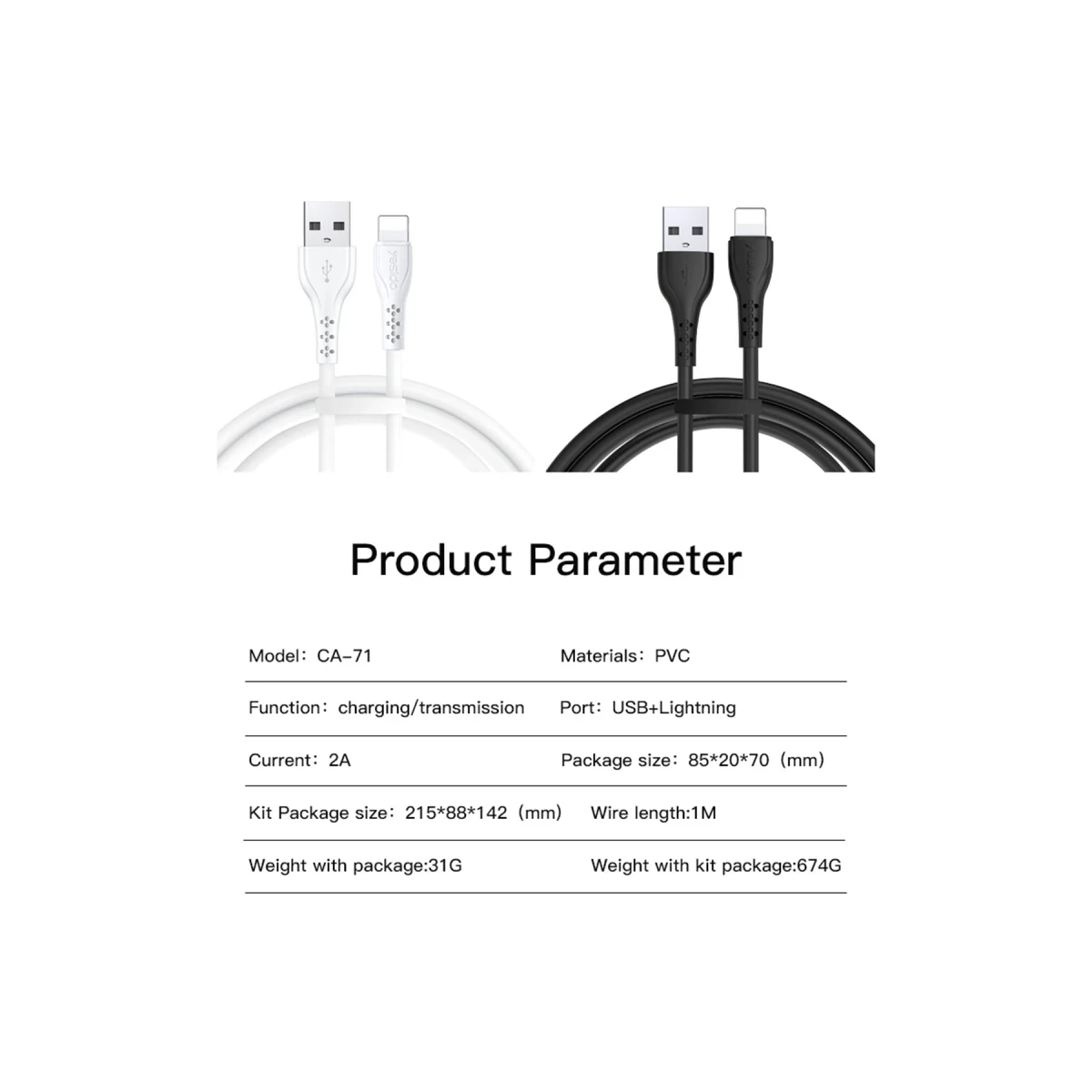 Yesido CA71 L-C Data cable TPE Cable Colors: Black, white Compatible: For ios devices…