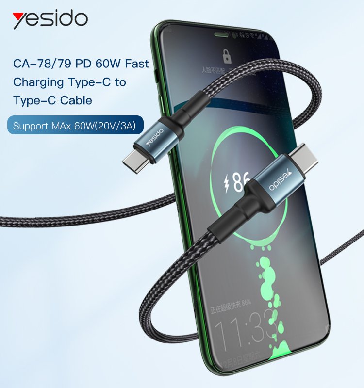 Yesido CA78 1.2M 60W Mobile Phone Tablet Laptop Fast Charging Type-C To Type-C Data Cable