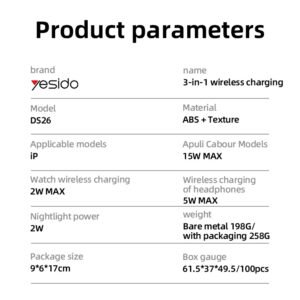 Yesido DS26 15W Wireless Fast Charging With Nightlight Foldable Design 3 in1 Desktop Stand Wireless Charger
