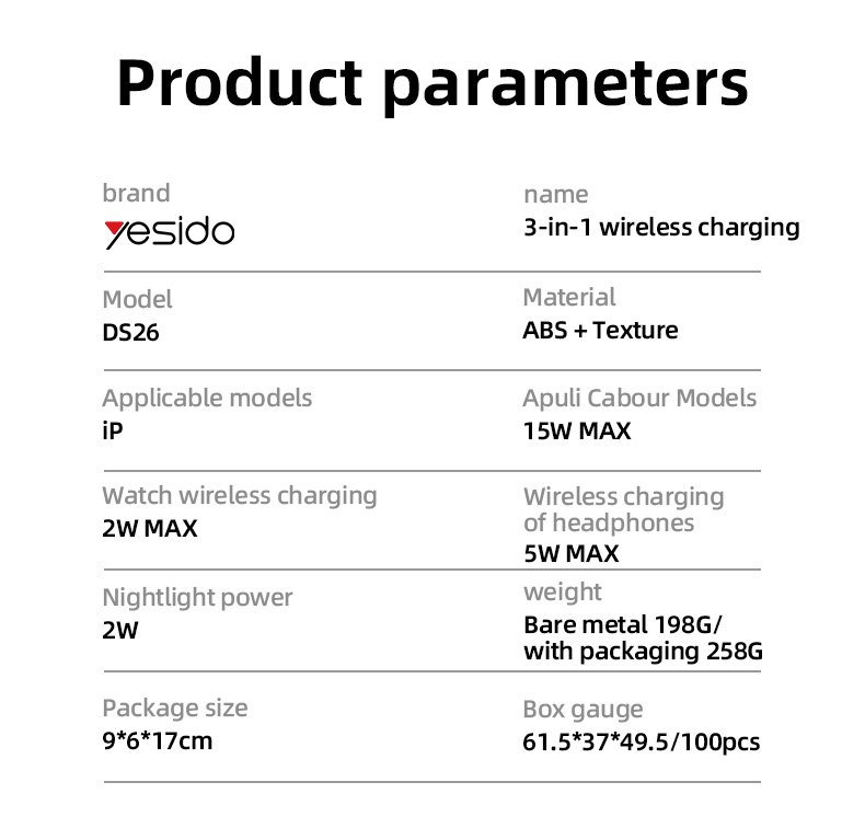 Yesido DS26 15W Wireless Fast Charging With Nightlight Foldable Design 3 in1 Desktop Stand Wireless Charger