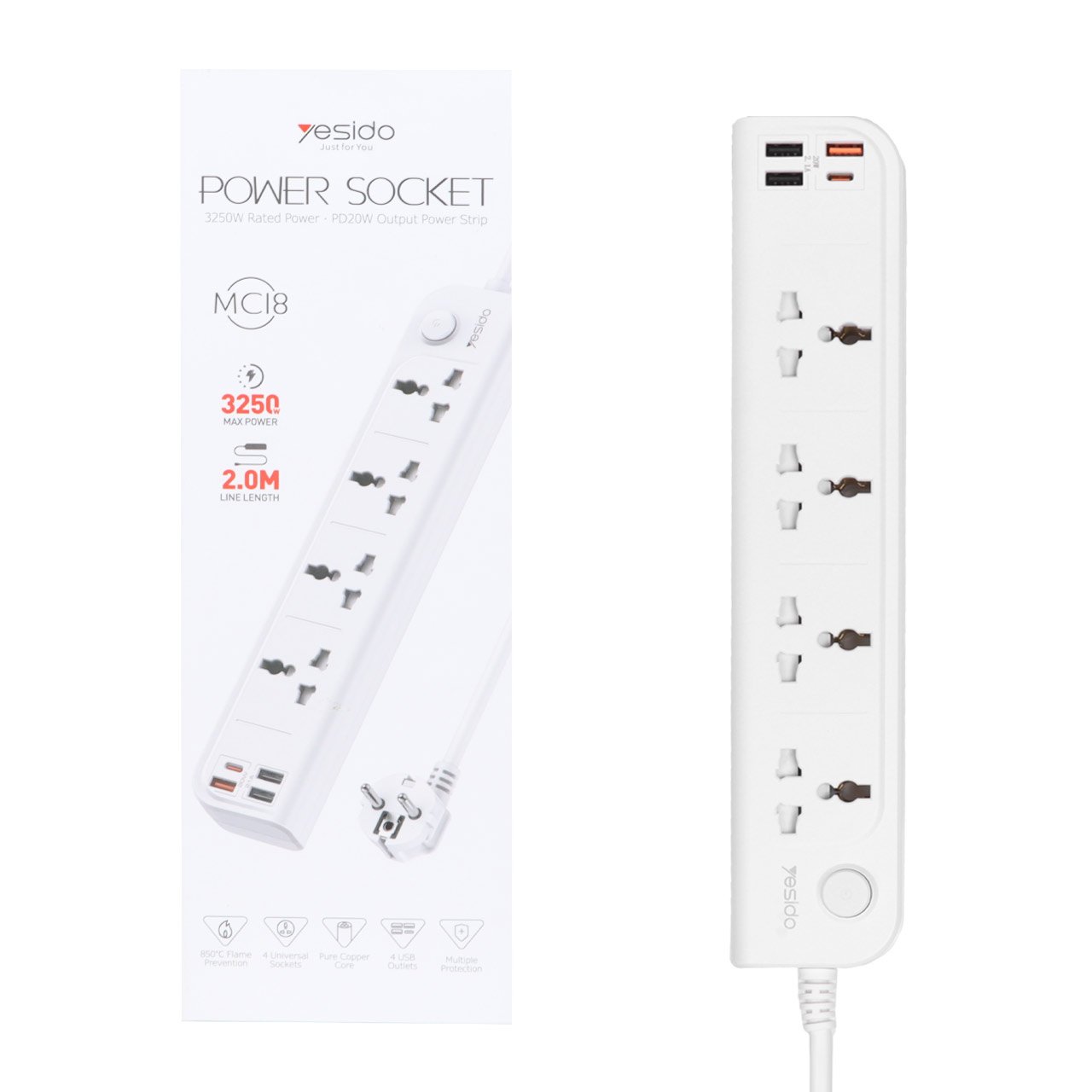 Yesido MC18 2 Meter MAx 3250W 4 AC ports EU Standard Power Socket with PD and QC fast charging USB ports