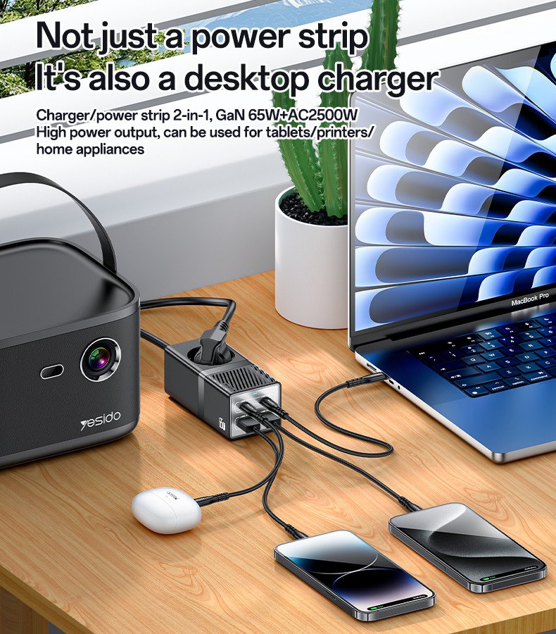 Yesido MC36 AC&2*TC&2*USB 5 In 1 European Standard Fireproof PC 65W+2500W GaN Fast Charging Power Socket
