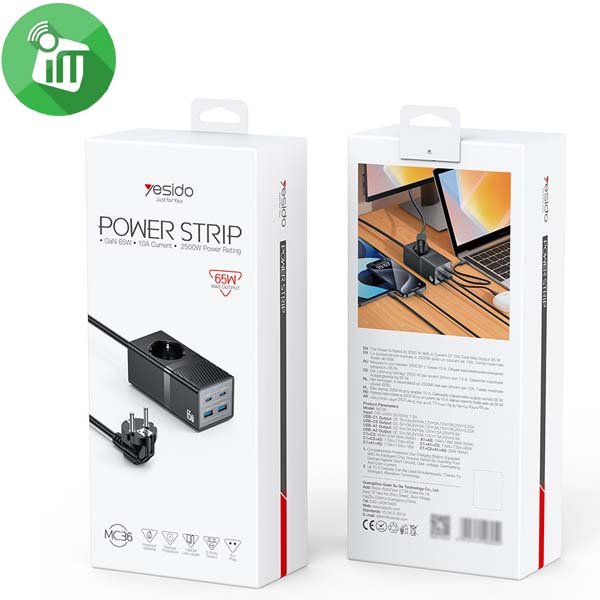 Yesido MC36 AC&2*TC&2*USB 5 In 1 European Standard Fireproof PC 65W+2500W GaN Fast Charging Power Socket