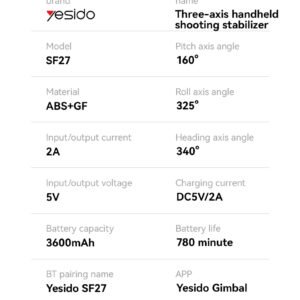 Yesido SF27 Three-axis Handheld Shooting Gimbal Stabilizer Auto Face Tracking Handheld Selfie Stick Tripod