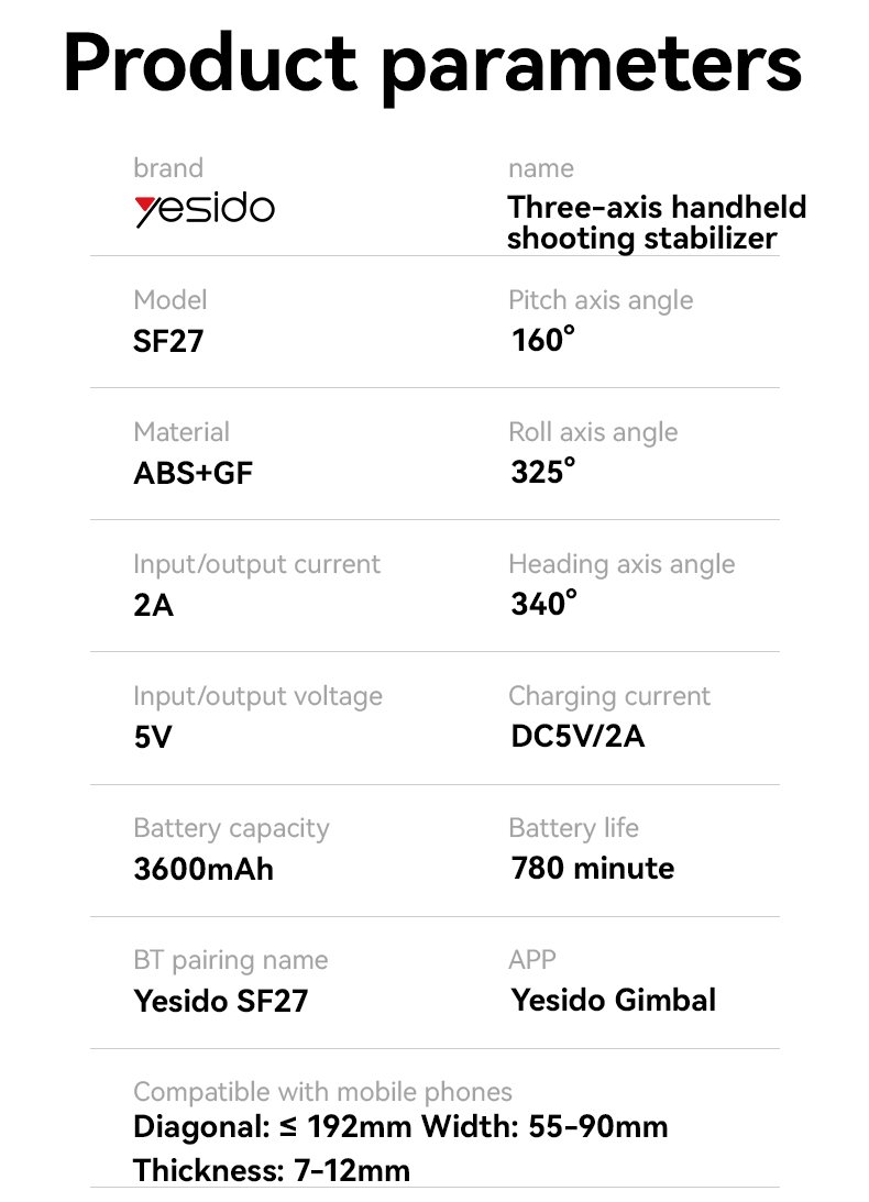 Yesido SF27 Three-axis Handheld Shooting Gimbal Stabilizer Auto Face Tracking Handheld Selfie Stick Tripod