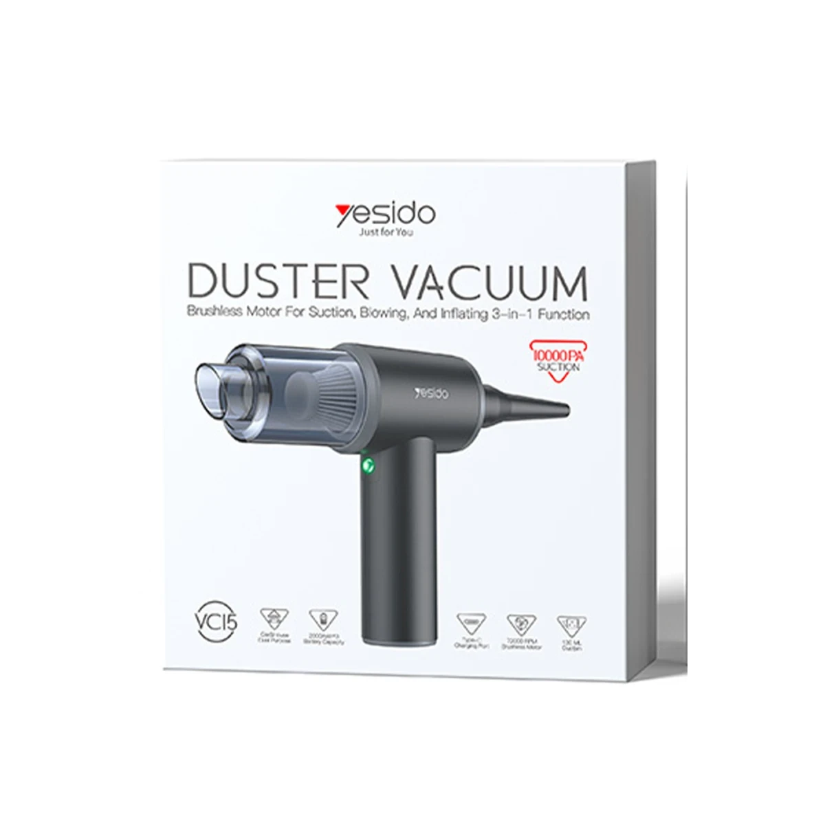 Yesido VC15 2-in-1 Handheld Cordless Vacuum Cleaner & Air Duster - Rechargeable High-Power Suction for Car & Home
