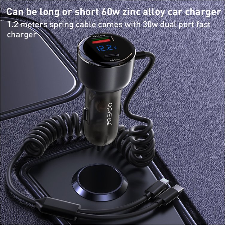 Yesido Y58 60W Fast Charging Car Charger(Built-in TC & Lightning Cable)