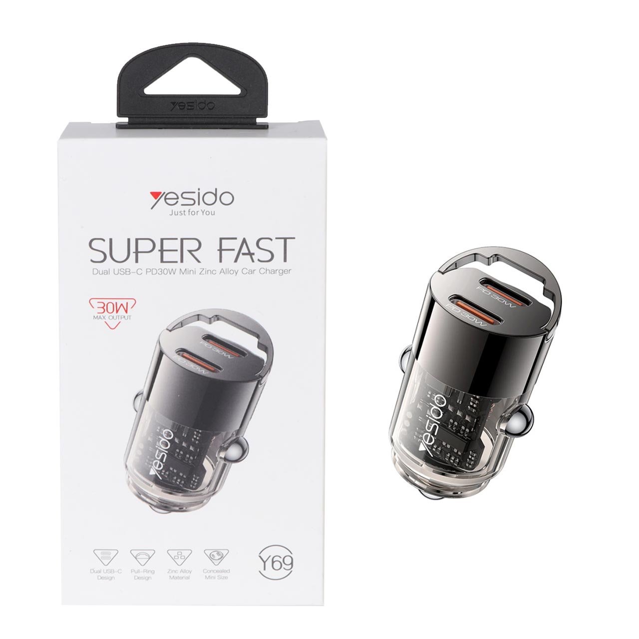 Yesido Y69 Aluminum Alloy Transparent Shell Pull Ring Design PD 30W Fast Charging Mini Hidden Car Charger