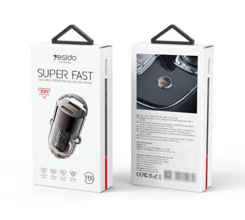 Yesido Y69 Aluminum Alloy Transparent Shell Pull Ring Design PD 30W Fast Charging Mini Hidden Car Charger
