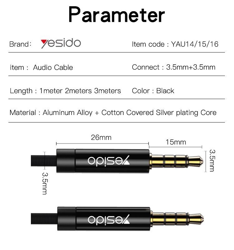 Yesido YAU14 1m Nylon Braided 3.5Mm To 3.5Mm Jack plug Speakers Music Connection Aux Auxiliar Audio Cable