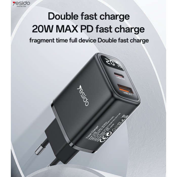 Yesido YC68 PD 20W Fast Charging Dual Port Smart Digital Display EU Digital Fast Charger