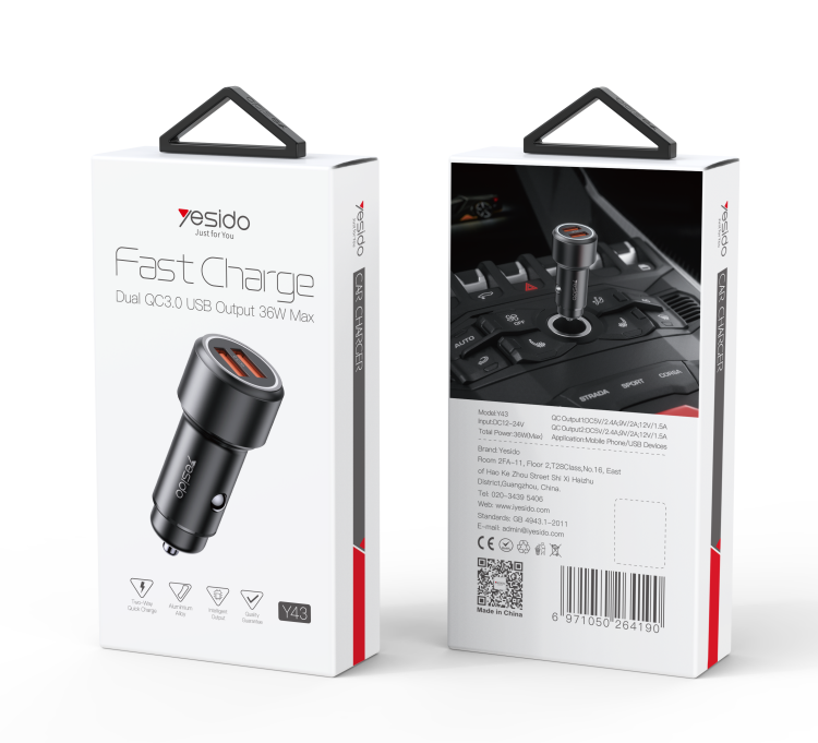 Y43 Dual Ports QC3.0 Fast Charging Car Charger