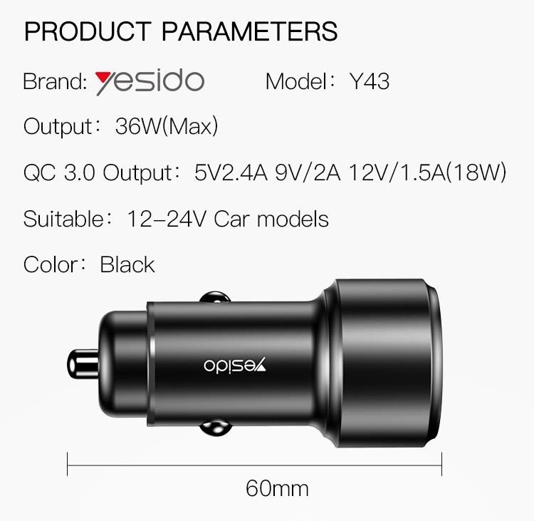 Y43 Dual Ports QC3.0 Fast Charging Car Charger