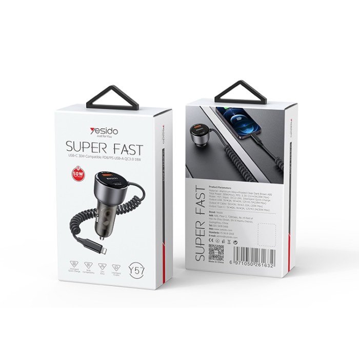 Y57 50W Fast Charging Car Charger | Built-in Lightning car cigarette lighting port charger adapter