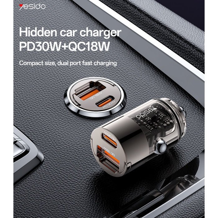 Y68 Aluminum Alloy Transparent Shell Pull Ring Design PD30W+QC18W Fast Charging Hidden Car Charger