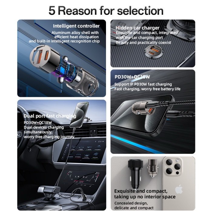 Y68 Aluminum Alloy Transparent Shell Pull Ring Design PD30W+QC18W Fast Charging Hidden Car Charger
