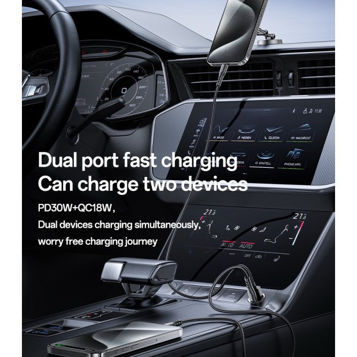 Y68 Aluminum Alloy Transparent Shell Pull Ring Design PD30W+QC18W Fast Charging Hidden Car Charger